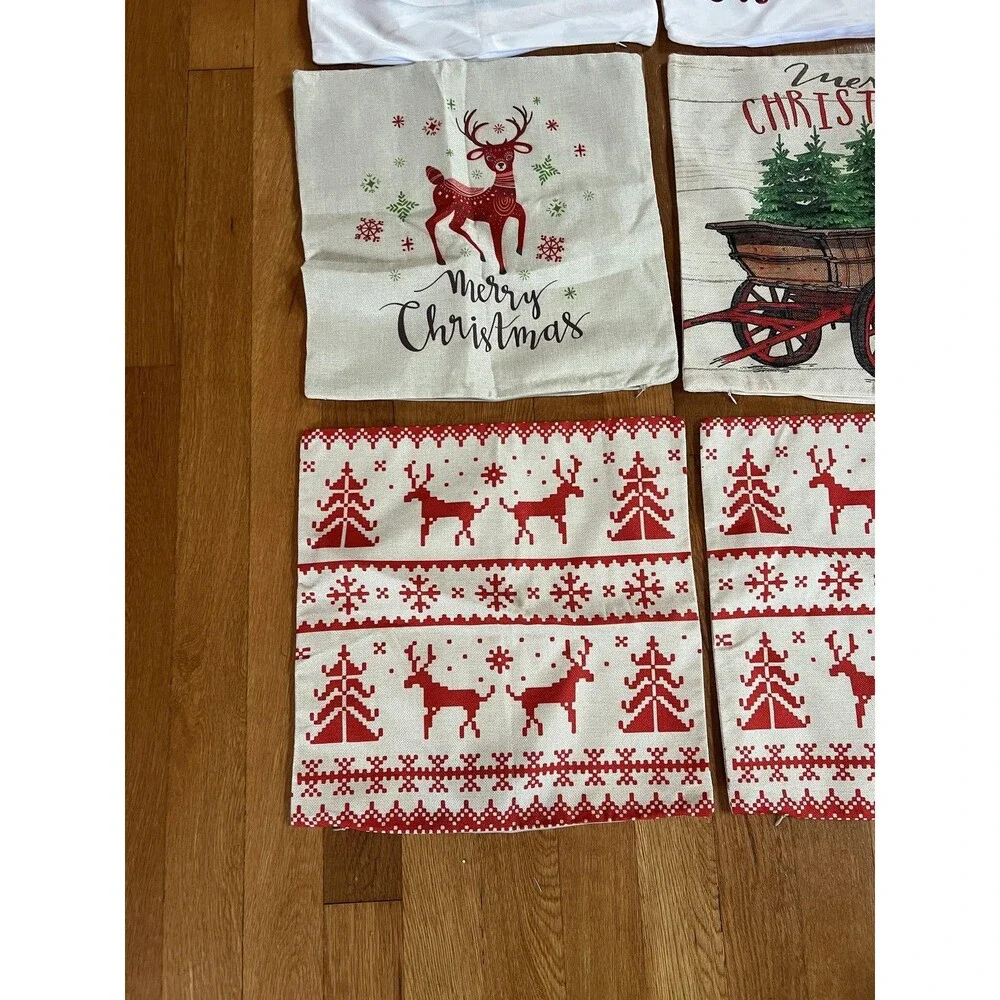 Set 6 Christmas Throw Pillow Covers Farmhouse Red Truck Reindeer Zippered Xmas